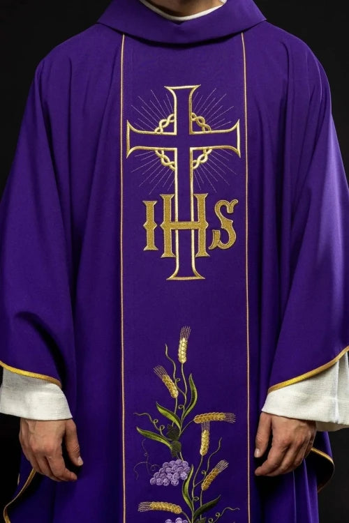 Purple Chasuble with IHS, wheat and decorative band - gallery view 2