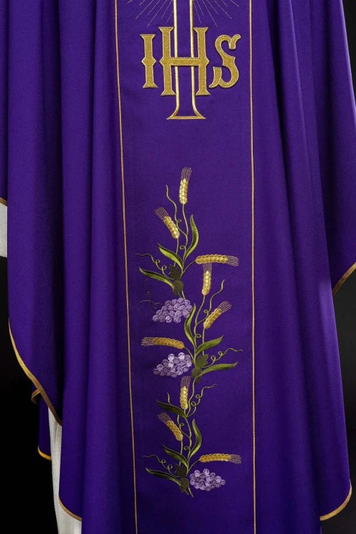 Purple Chasuble with IHS, wheat and decorative band - gallery view 3