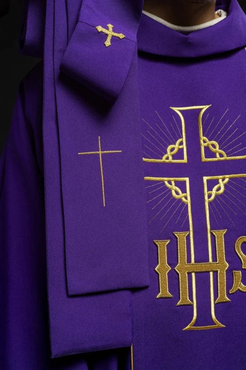 Purple Chasuble with IHS, wheat and decorative band - gallery view 4