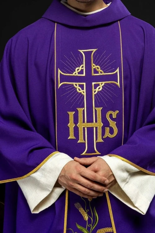 Purple Chasuble with IHS, wheat and decorative band - gallery view 5