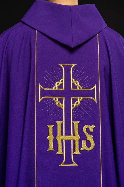 Purple Chasuble with IHS, wheat and decorative band - gallery view 6
