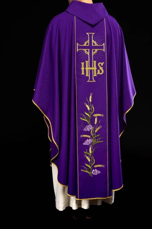 Purple Chasuble with IHS, wheat and decorative band - gallery view 7