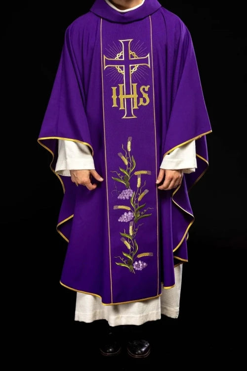 Purple Chasuble with IHS, wheat and decorative band - gallery view 8