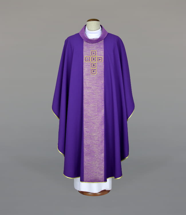 Purple Chasuble with modern embroidery and decorative stones - gallery view 1