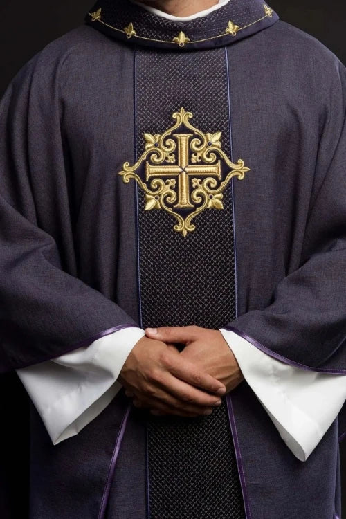 Purple Chasuble with purple cross embroidery on velvet - gallery view 1