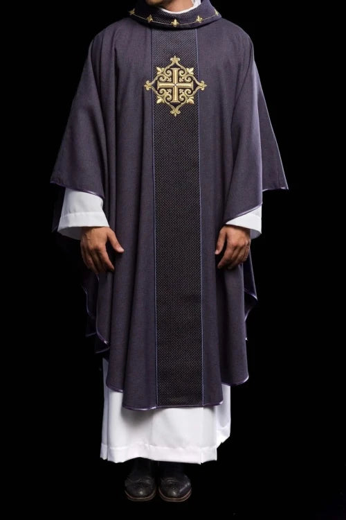 Purple Chasuble with purple cross embroidery on velvet - gallery view 2
