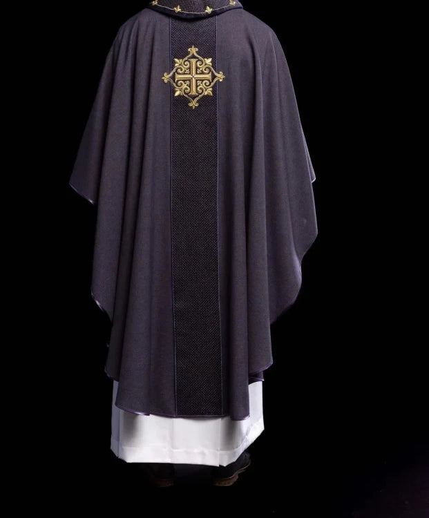 Purple Chasuble with purple cross embroidery on velvet - gallery view 7