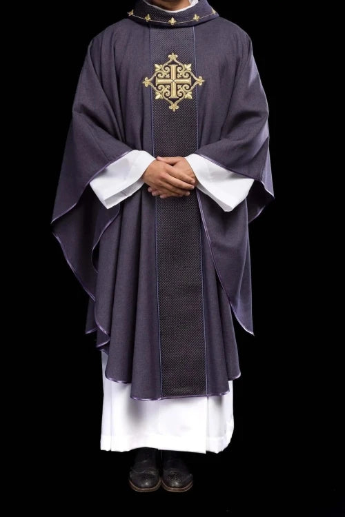 Purple Chasuble with purple cross embroidery on velvet - gallery view 8
