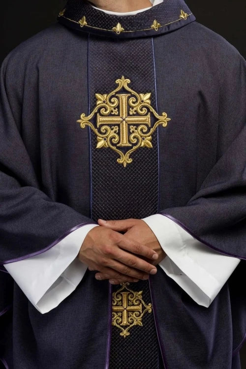 Purple Chasuble with purple velvet band with embroidered crosses - gallery view 1