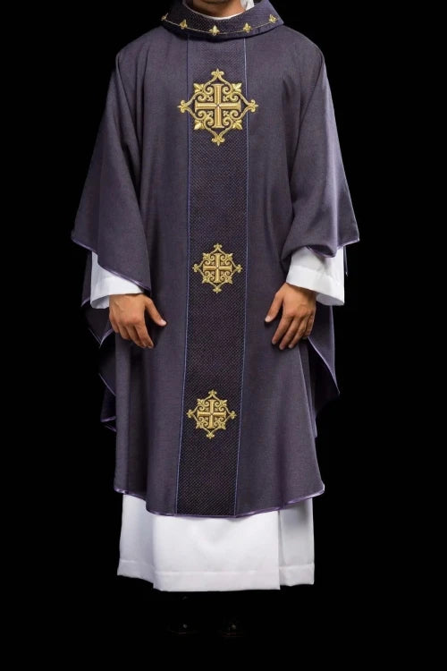 Purple Chasuble with purple velvet band with embroidered crosses - gallery view 2