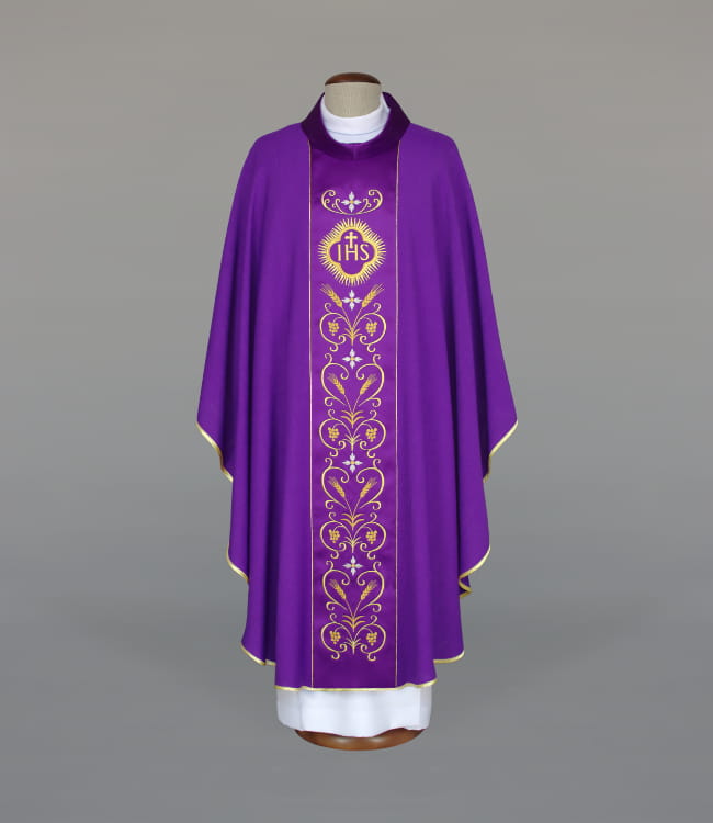 Purple Chasuble with rich embroidery on a satin panel - gallery view 1