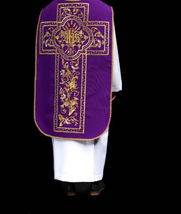 Purple Chasuble with Roman cut with IHS embroidery - gallery view 1