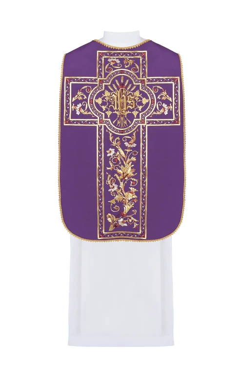 Purple Chasuble with Roman cut with IHS embroidery - gallery view 3