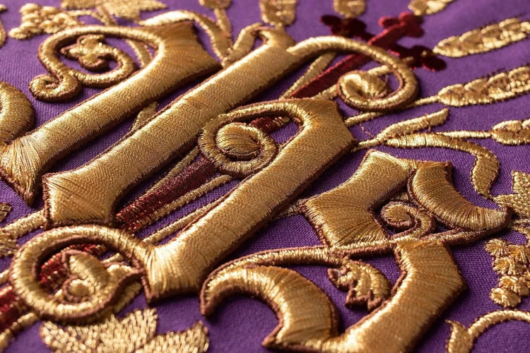 Purple Chasuble with Roman cut with IHS embroidery - gallery view 4