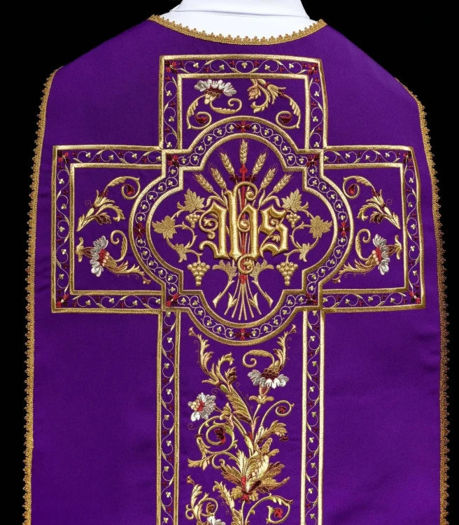 Purple Chasuble with Roman cut with IHS embroidery - gallery view 7