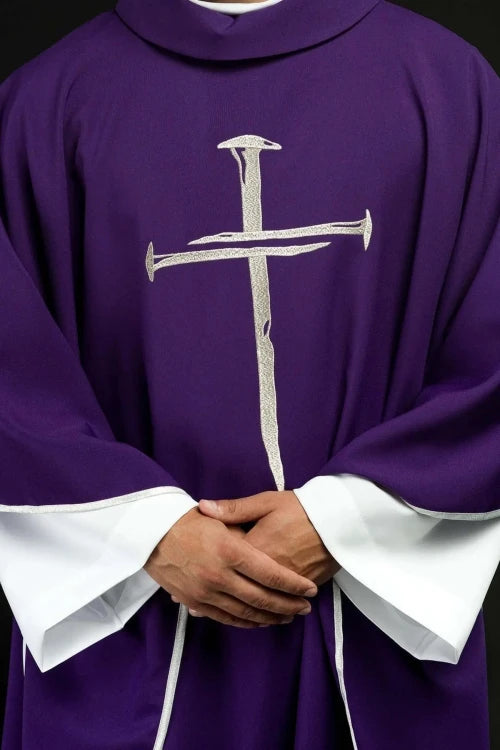 Purple Chasuble with silver cross embroidery - gallery view 3