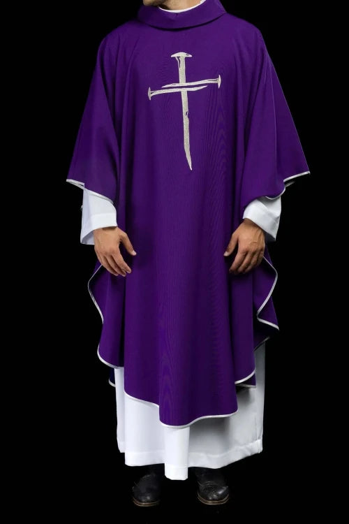 Purple Chasuble with silver cross embroidery - gallery view 4