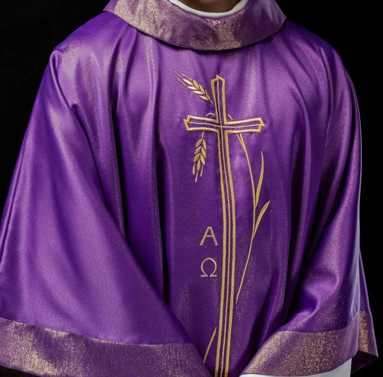 Purple Chasuble with wheat and cross embroidery - gallery view 1