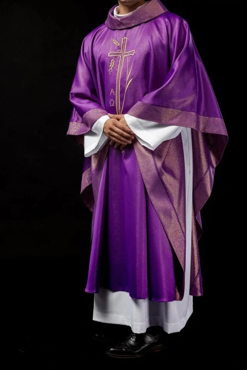 Purple Chasuble with wheat and cross embroidery - gallery view 2