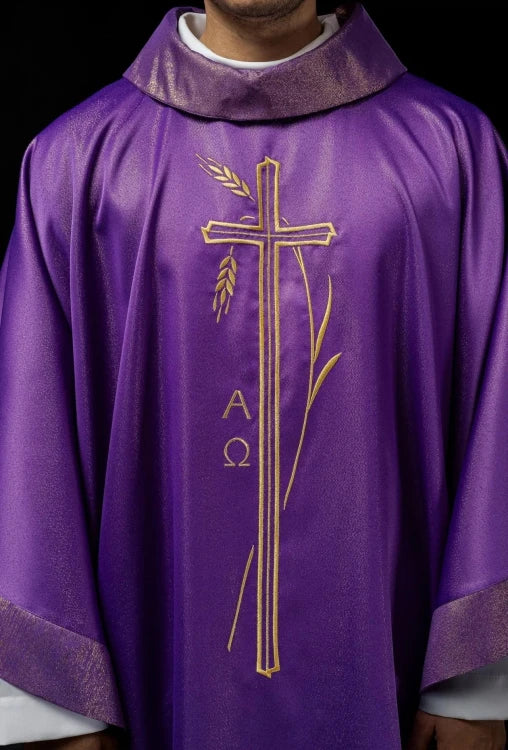 Purple Chasuble with wheat and cross embroidery - gallery view 3