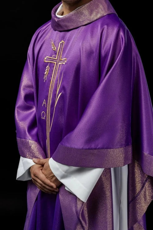 Purple Chasuble with wheat and cross embroidery - gallery view 8