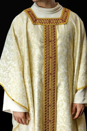 Ecru Chasuble with handcrafted natural-stone decoration — front view