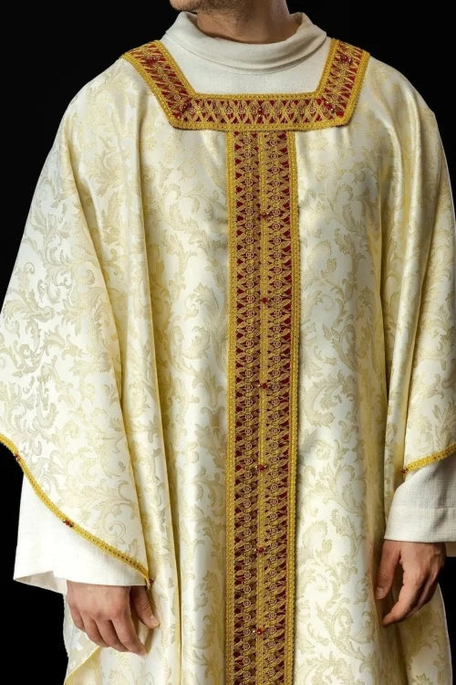 Ecru Chasuble with handcrafted natural-stone decoration — front view