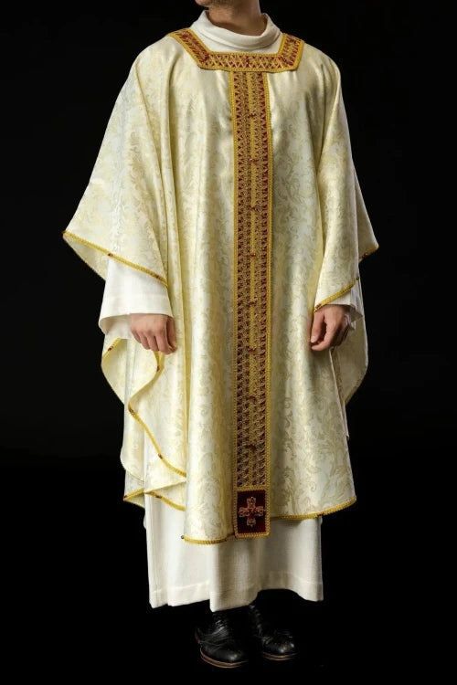 Ecru Chasuble with handcrafted natural-stone decoration — full view