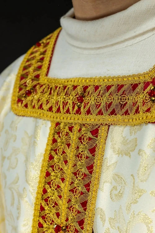 Ecru Chasuble with handcrafted natural-stone decoration — decoration detail