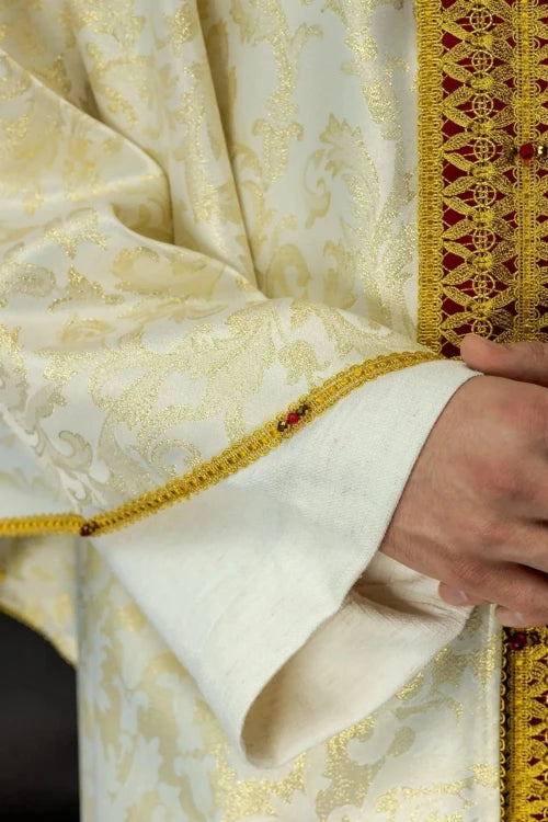 Ecru Chasuble with handcrafted natural-stone decoration — back view