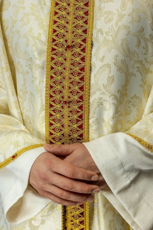 Ecru Chasuble with handcrafted natural-stone decoration — close-up detail