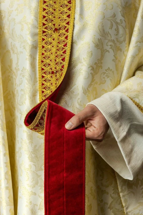 Ecru Chasuble with handcrafted natural-stone decoration — side view