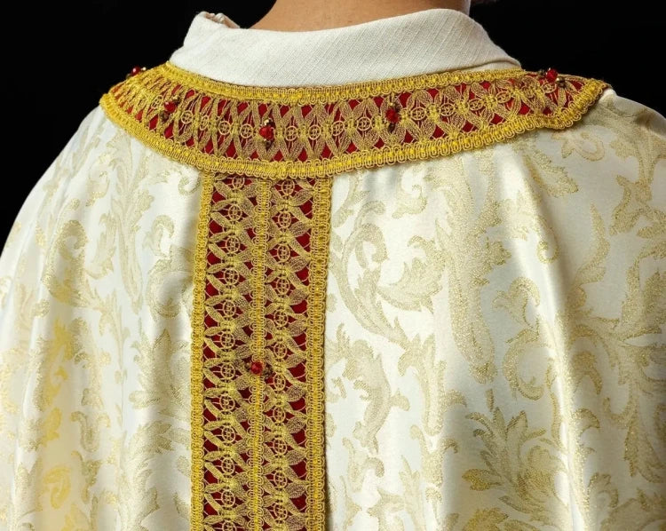 Ecru Chasuble with handcrafted natural-stone decoration — vestment detail