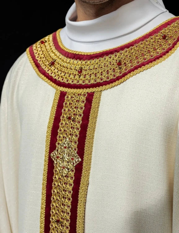 Ecru Chasuble with hand-finished natural-stone decoration — front view