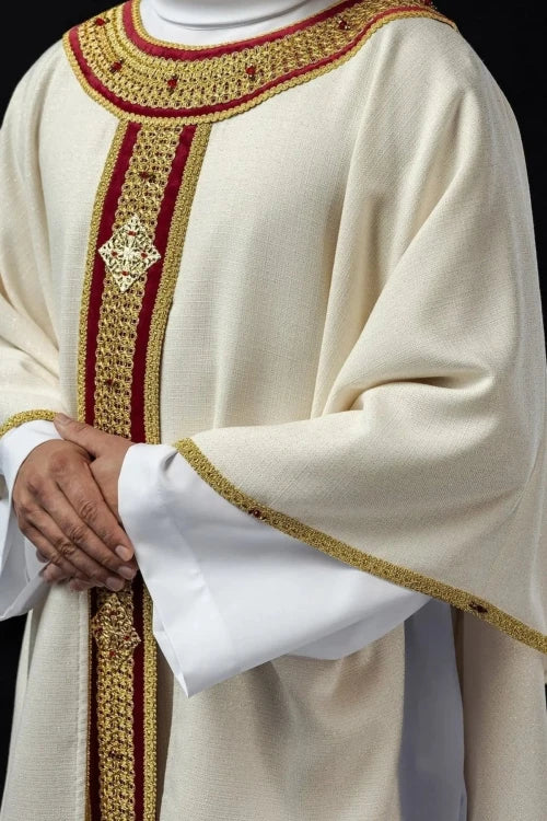 Ecru Chasuble with hand-finished natural-stone decoration — full view