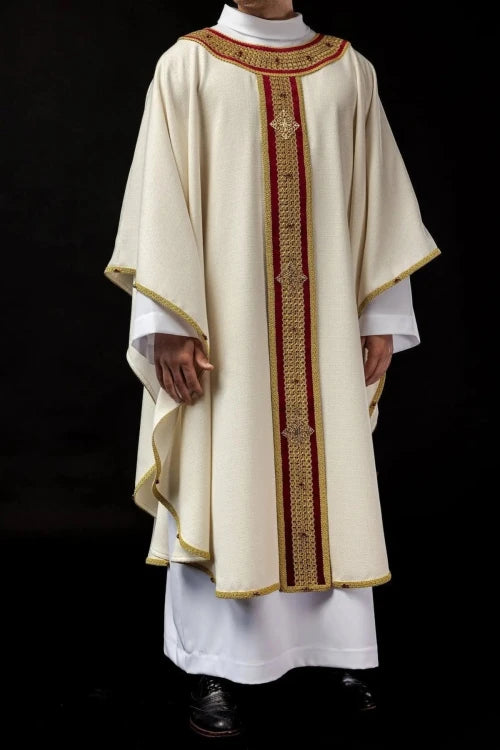 Ecru Chasuble with hand-finished natural-stone decoration — back view