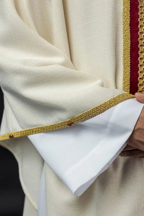 Ecru Chasuble with hand-finished natural-stone decoration — close-up detail