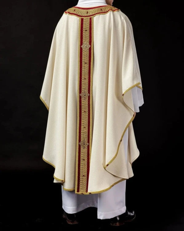 Ecru Chasuble with hand-finished natural-stone decoration — side view
