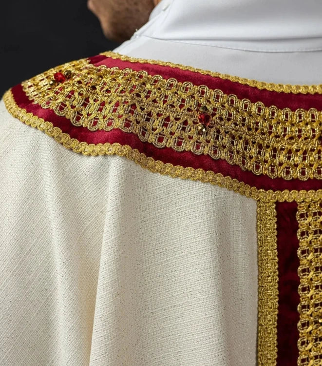 Ecru Chasuble with hand-finished natural-stone decoration — collar detail