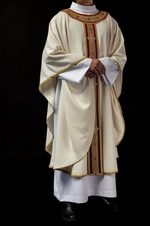 Ecru Chasuble with hand-finished natural-stone decoration — fabric detail