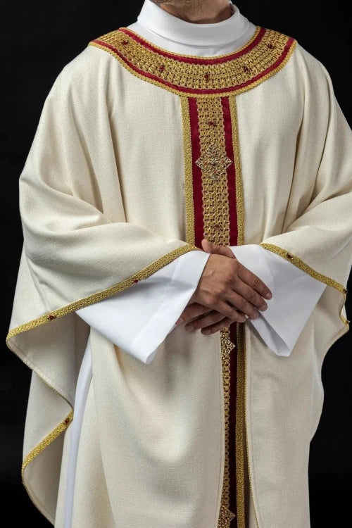 Ecru Chasuble with hand-finished natural-stone decoration — vestment detail