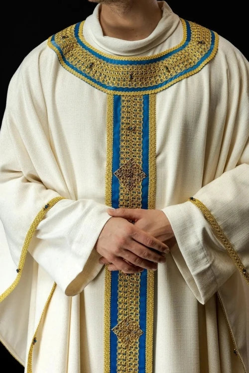 Ecru Chasuble with hand-finished natural-stone decoration – Variant II — front view