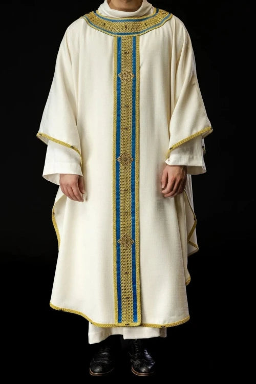 Ecru Chasuble with hand-finished natural-stone decoration – Variant II — full view