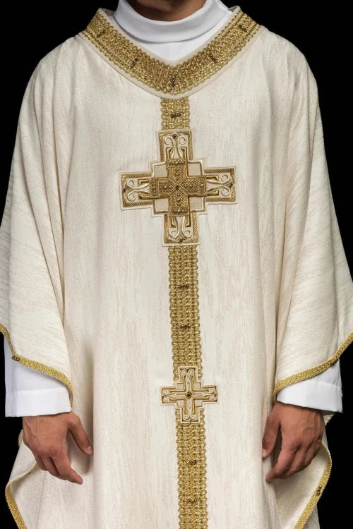 Ecru Chasuble with hand-finished natural-stone decoration – Variant III — front view