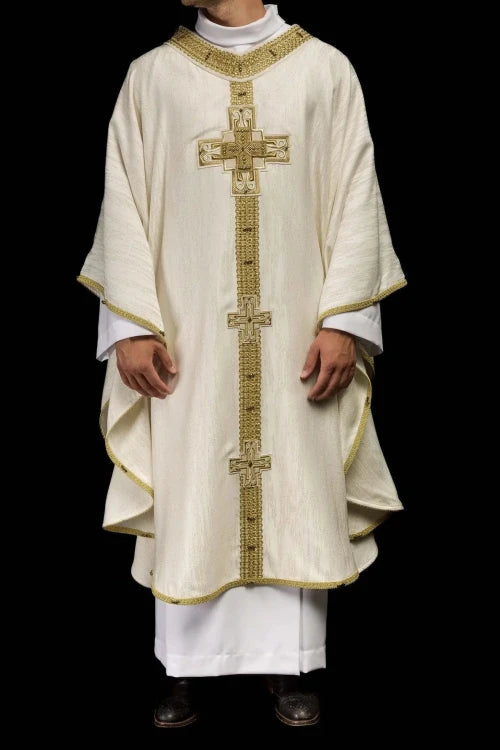 Ecru Chasuble with hand-finished natural-stone decoration – Variant III — full view