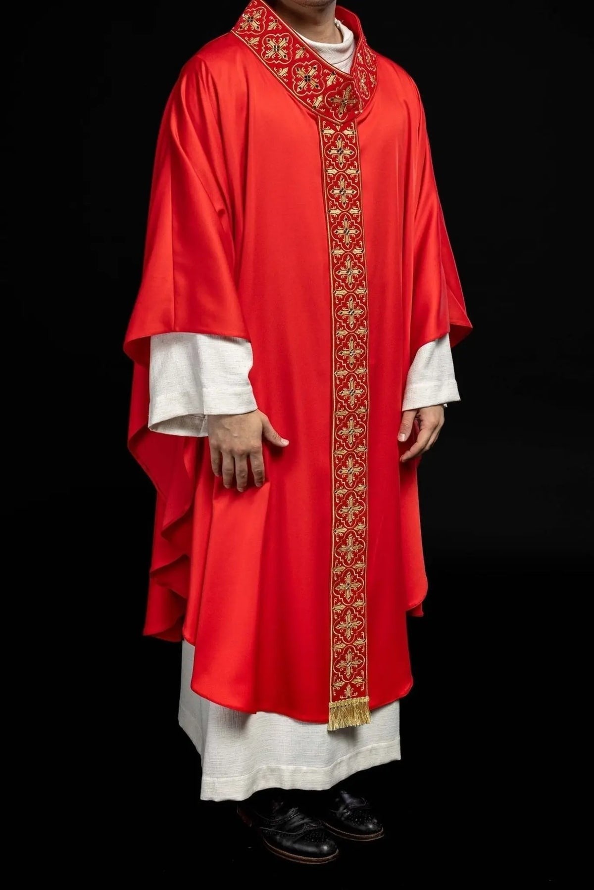 Red Chasuble Decorated with 500 Stones and Narrow Band — full view
