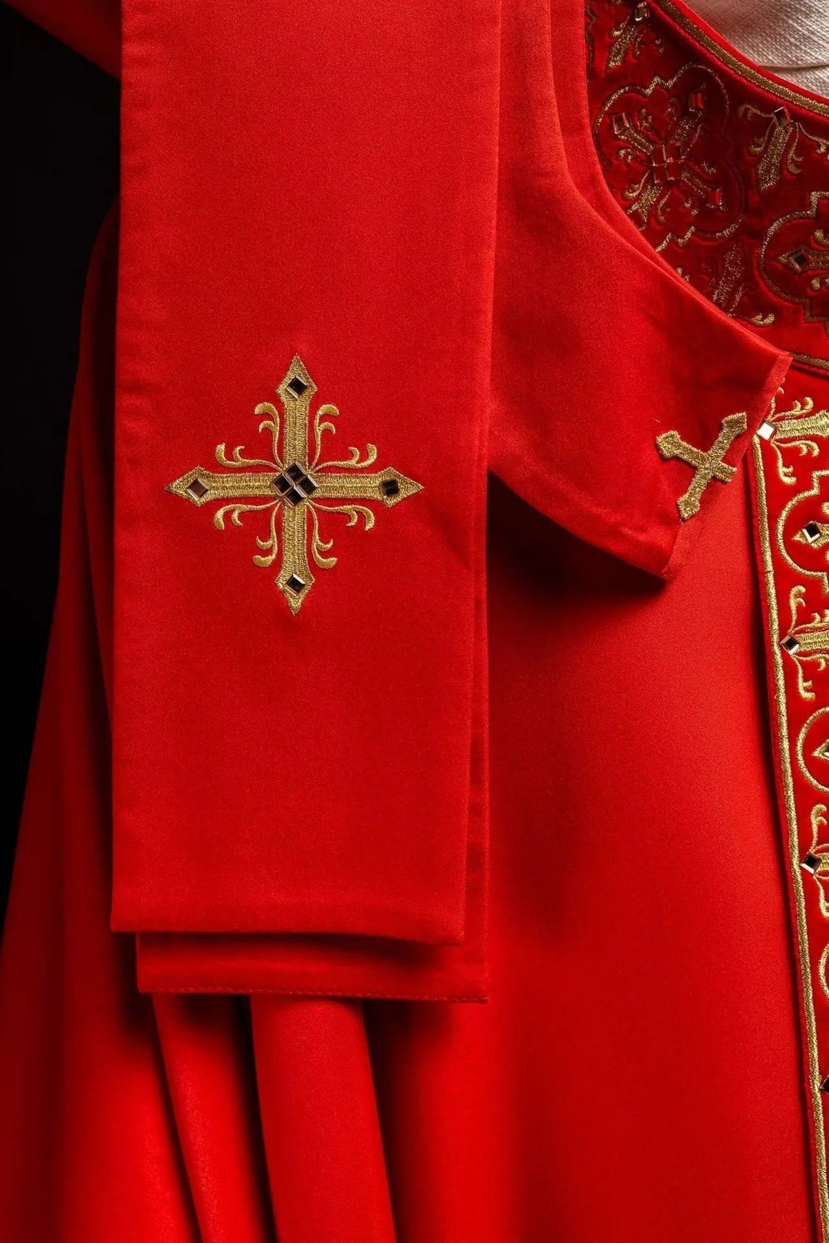Red Chasuble Decorated with 500 Stones and Narrow Band — back view