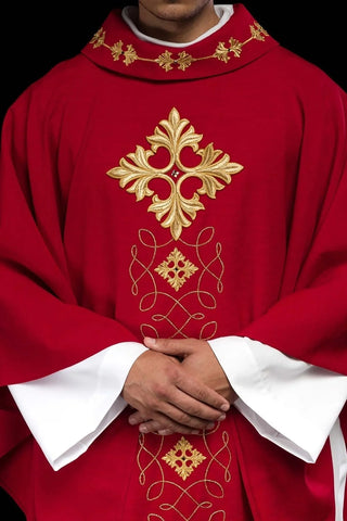 Richly Embroidered Red Chasuble with Cord and Decorative Stones — product view