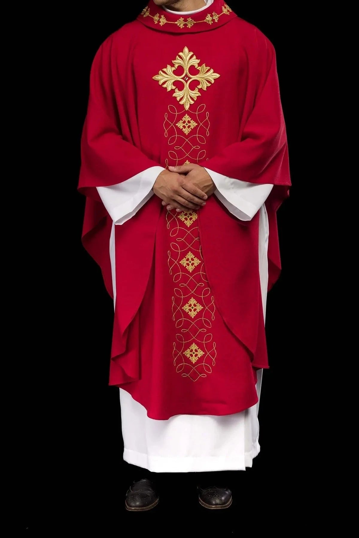 Richly Embroidered Red Chasuble with Cord and Decorative Stones — additional product view