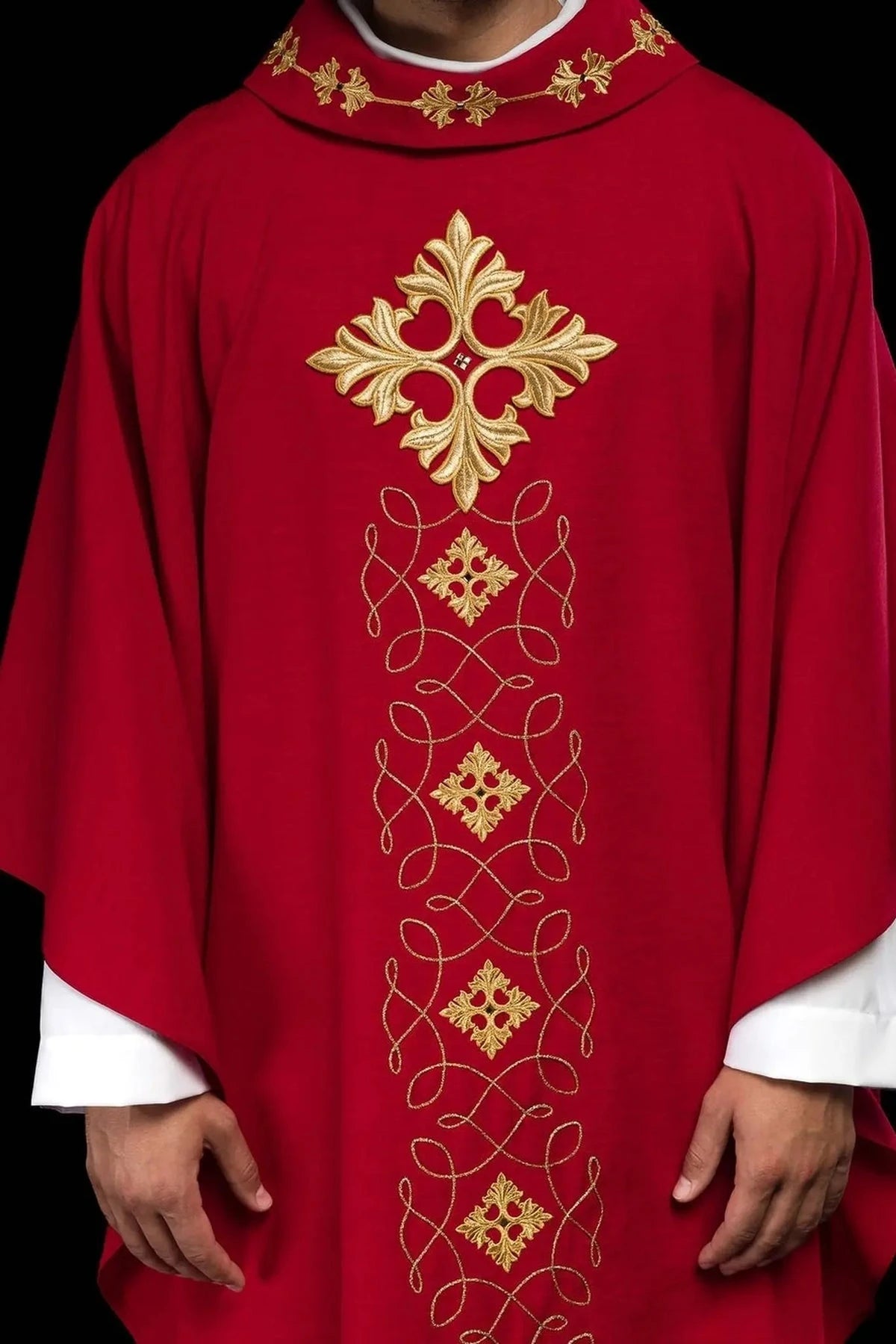 Richly Embroidered Red Chasuble with Cord and Decorative Stones — decoration close-up